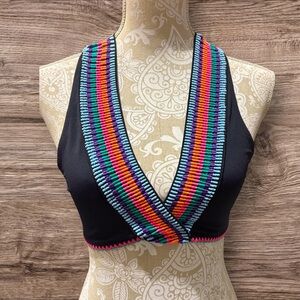 Mapale Women’s Size Large Black and Colorful Embroidered Swim Top